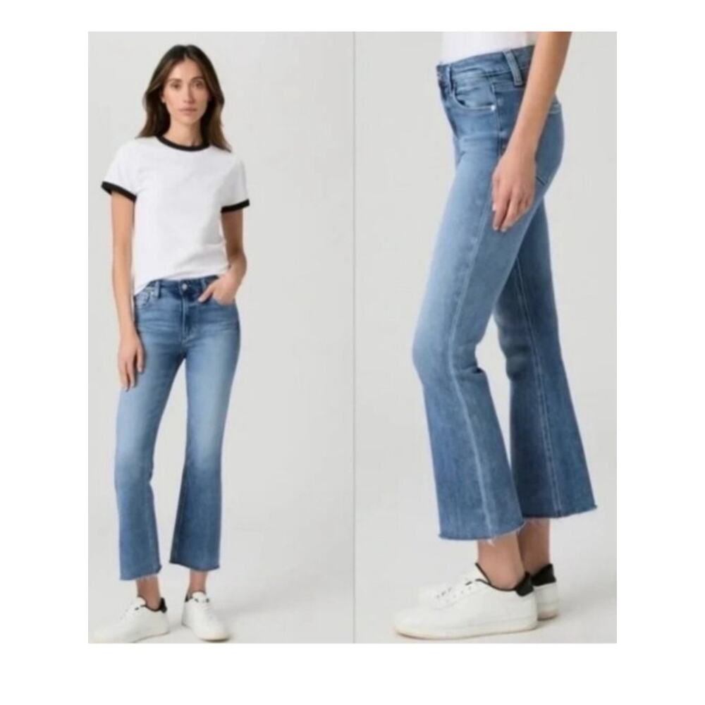 Paige Women’s Rory Crop Flare Jeans In Sylmar Blue Wash Raw Hem High Rise Sz 26 - Picture 7 of 12